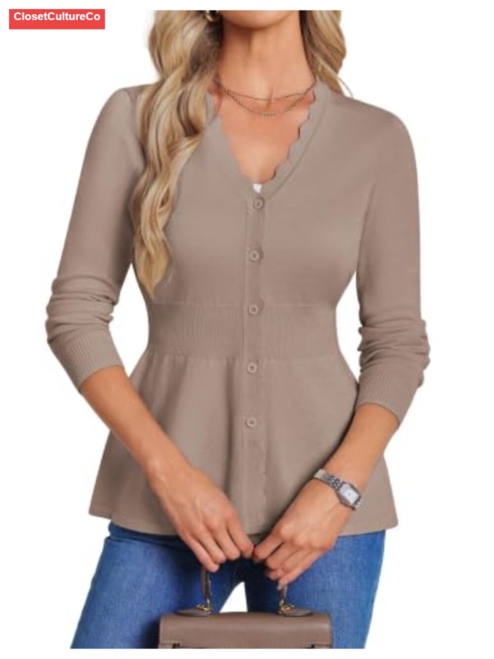 Lightweight V-Neck Peplum Cardigan Scalloped Button Front Knit Blazer